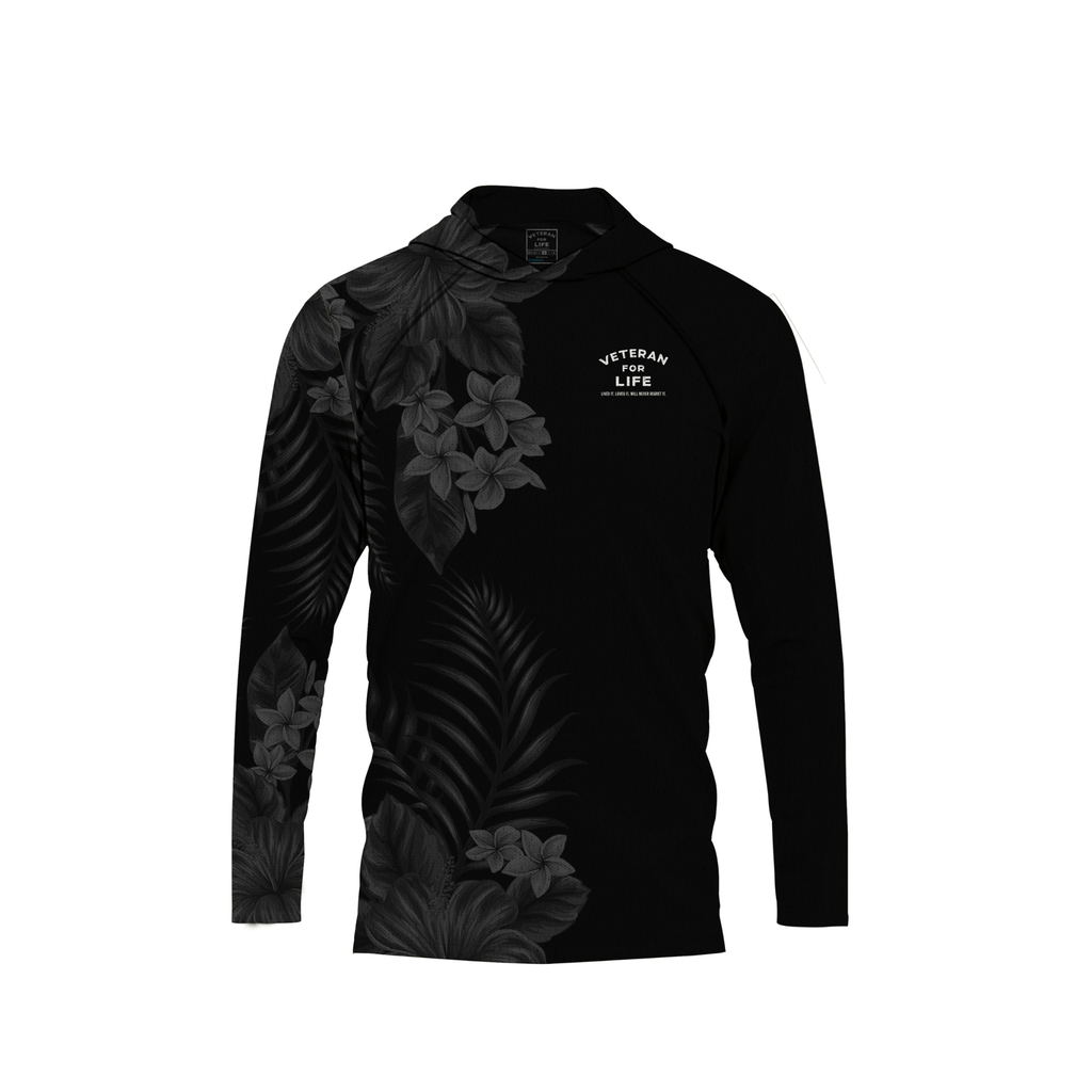 A long sleeve hoodie with a floral pattern in black and gray tones and a logo on the chest.