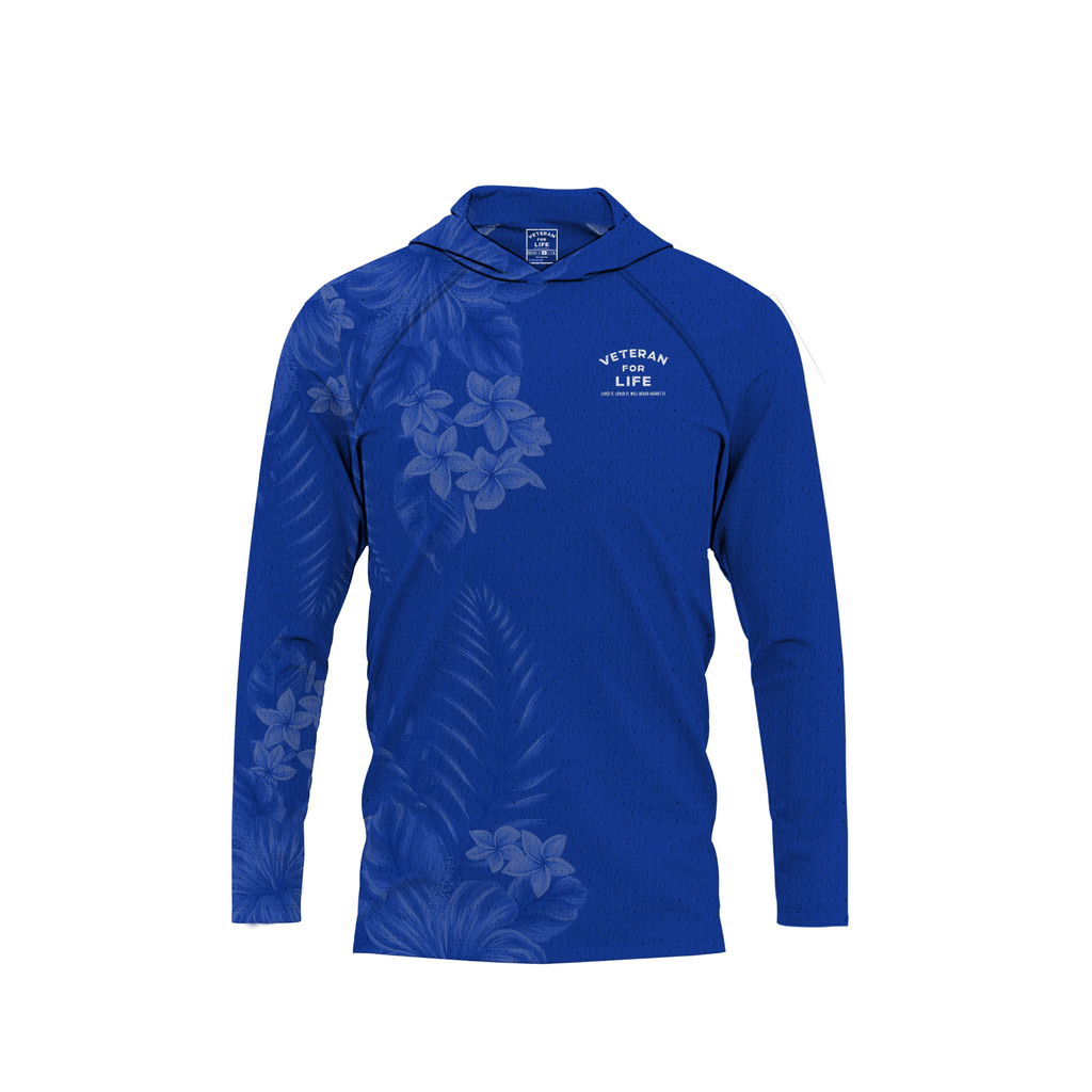 A long sleeve blue hoodie with a floral pattern and a logo on the chest.
