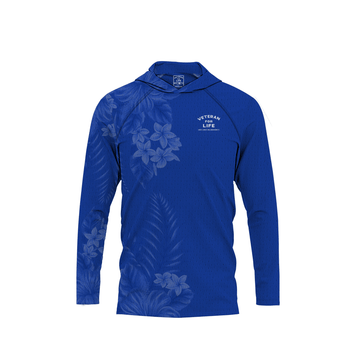 A long sleeve blue hoodie with a floral pattern and a logo on the chest.