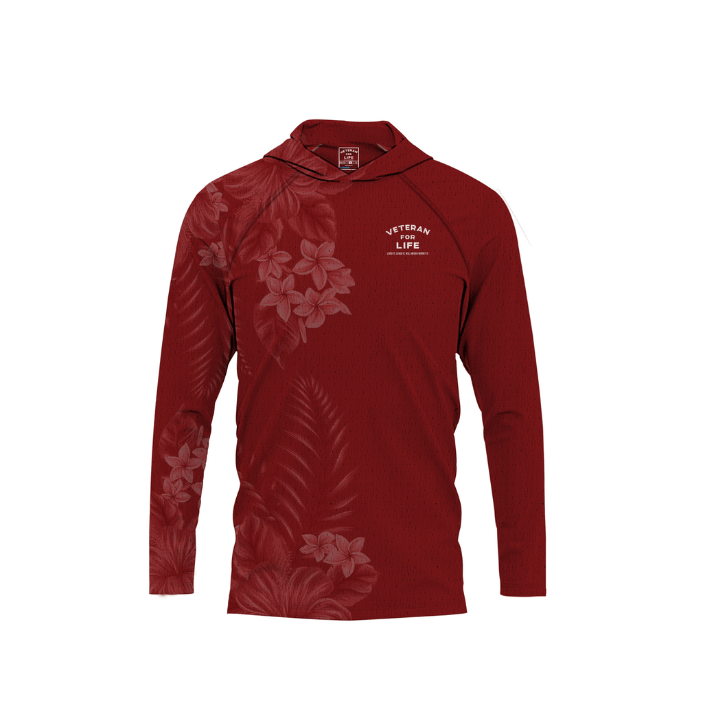 A long sleeve red hoodie with a floral pattern and a logo on the chest.