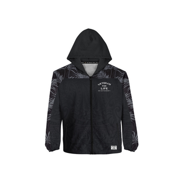 A black softshell hoodie with a sublimated palm tree design and Everyday Grind logo on the hood.
